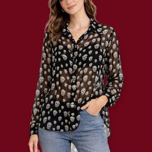 COOLWEAR Goth Skelton Gasparilla Sheer Button Down Hi-Low Cover-up Shirt
